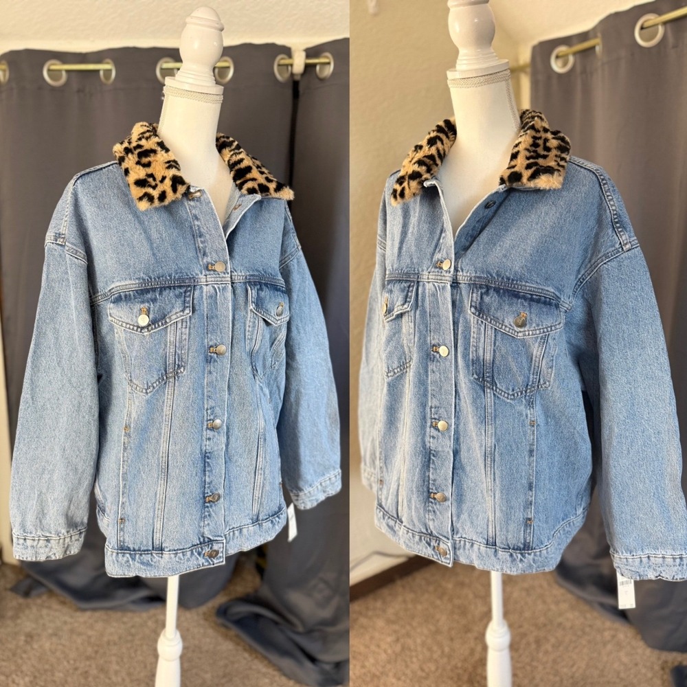 NWT Pilcro The Weston Denim Boyfriend Jacket Womens Large Leopard Collar Edition - Picture 3 of 15